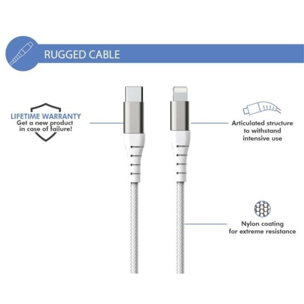 FORCE POWER C/MFI 3A 2m Valkoinen vahvistettu kaapeli - FOLLOWME - Kaapeli - USB - Lataus ja synkronointi