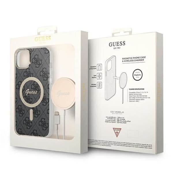 Guess Bundle Pack MagSafe 4G - Cover sæt til iPhone 14 Plus + MagSafe oplader (Sort/Guld) - 3666339102821