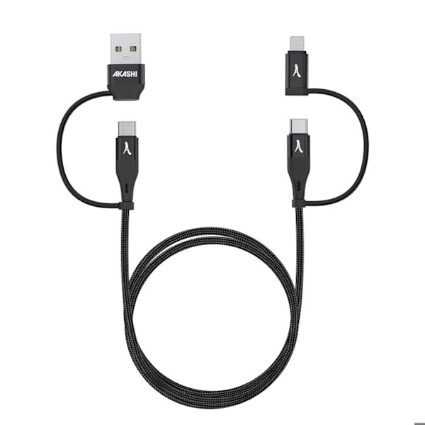4-i-1 USB-C og USB til USB-C og Lightning Opladning 20W 1m Akashi Sort Svart