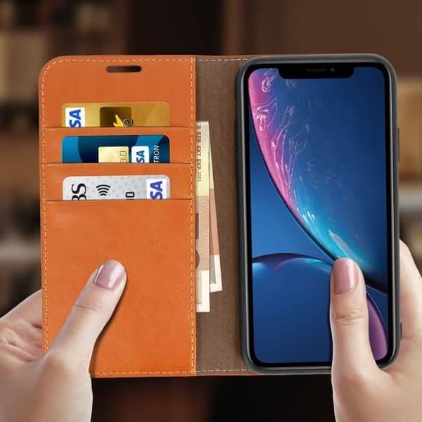 iPhone XR-fodral - Läder - Kamel - Helskydd - Videostöd - Kortfack Kamel