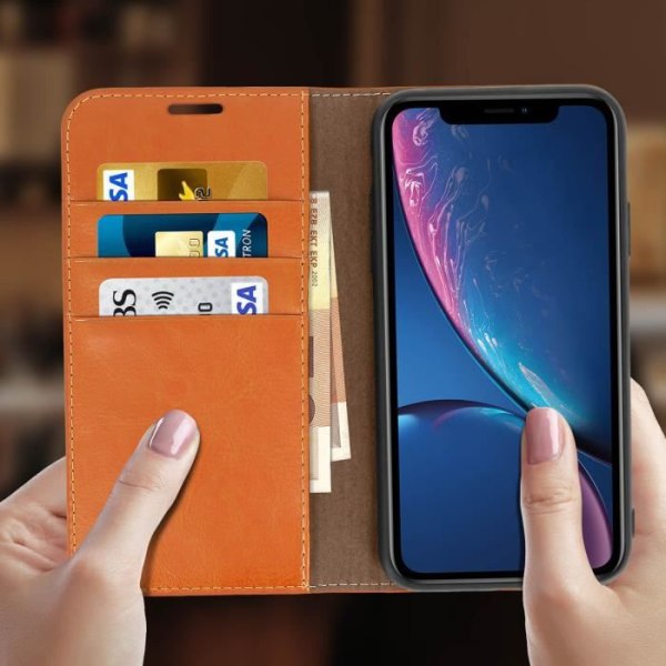 iPhone XR - Nahkakotelo - Kameli - Kokonaisprotectio - Videotuki - Korttipaikat Kamel