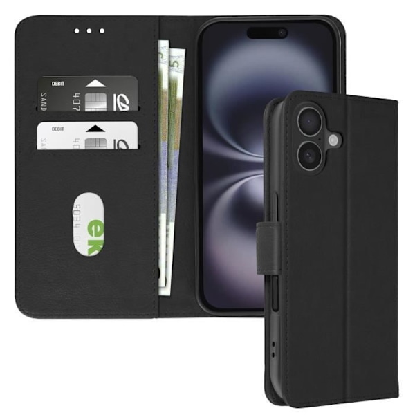 iPhone 16-fodral - AVIZAR - Plånbokslock - Videostöd - Veganskt läder - Svart Svart