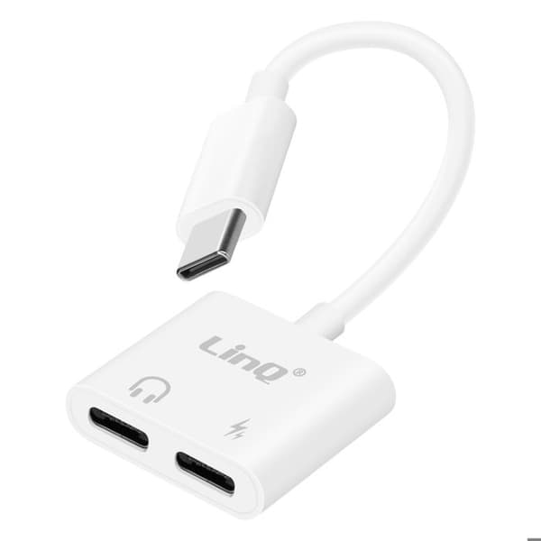 USB-C-sovitin - LINQ - 2x USB-C - Ääni ja lataus - 60W - Valkoinen