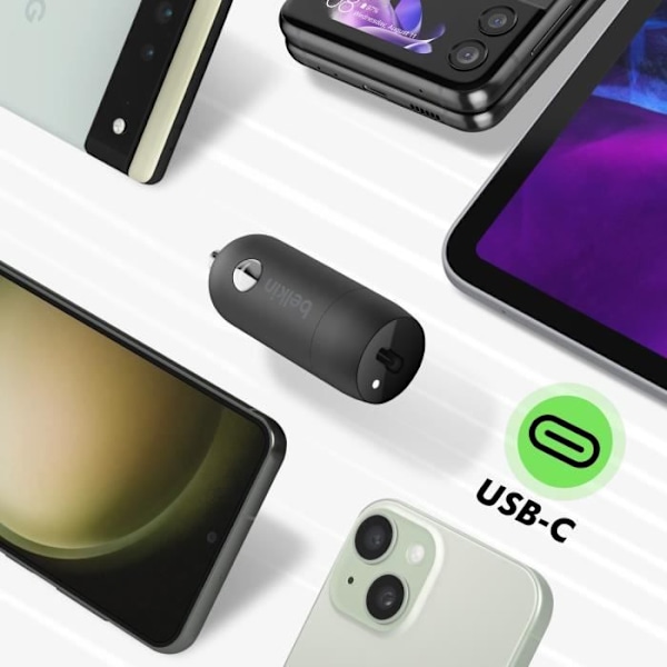 USB-C bilopladningsadapter - BELKIN - BoostCharge - 30W - USB-C kabel 1m - Kompakt design Svart