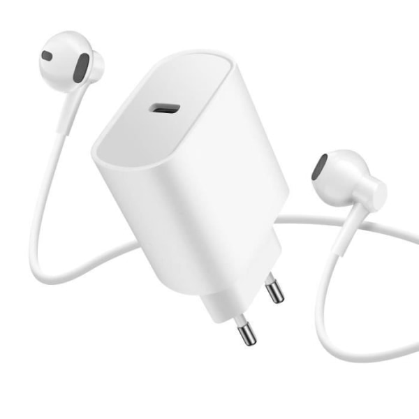 20W USB-C nätladdare och Lightning-trådbundna hörlurar Pack White