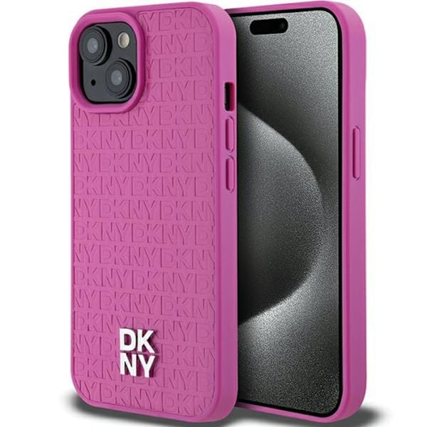 iPhone 15-fodral - DKNY Lädermönster Metallogo MagSafe (DKHMP15SPSHRPSP) - Rosa rosa