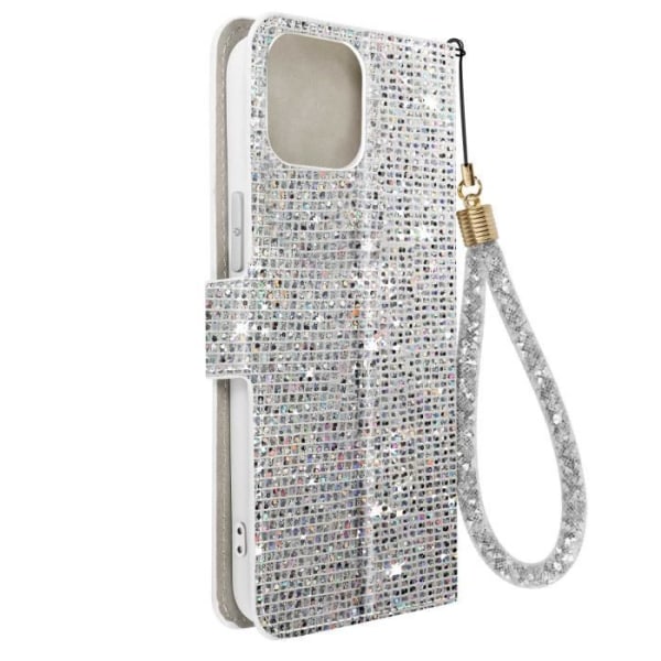 iPhone 15 Plus Fodral Glitter Disco Wallet Video Stand Silver