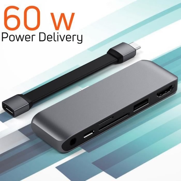 USB C-hub - Satechi - HDMI, USB, USB-C 60W - Aluminiumdesign - Kompakt och lätt - 5 portar