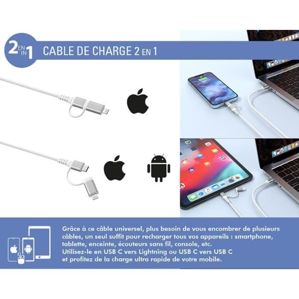 Laddkabel - FORCE POWER - Lite - 2 i 1 USB-C/Lightning - PD 60W (3A) - Förstärkt 1,2 m Vit