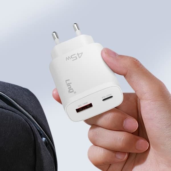 USB C-oplader - LinQ - 45W Power Delivery - Quick Charge 3.0 - Bærbart design - Hvid Vit