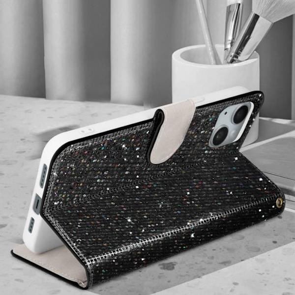 iPhone 15-fodral - Glam Edition - Paillett Disco - Syntetiskt läder svart - Videostöd - Kortförvaring Svart