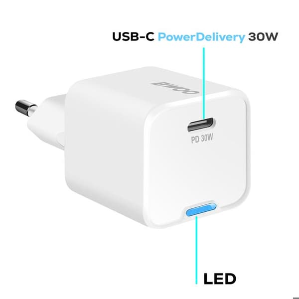 GaN 30W USB C vægoplader med USB C / USB C 60W 1m kabel Bwoo Hvid