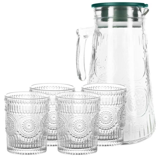 Cheffinger karahvi ja lasit - Vintage-tyyliset teksturoidut - Liljakukkakuosi - Läpinäkyvä Transparent