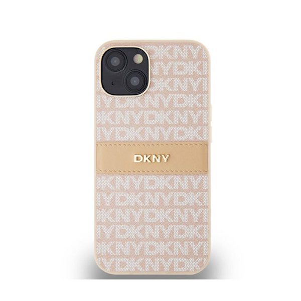 Coque til iPhone 14 – DKNY i læder med monokrome striber og metal logo (DKHCP14SPRTHSLP) – Rosa rosa