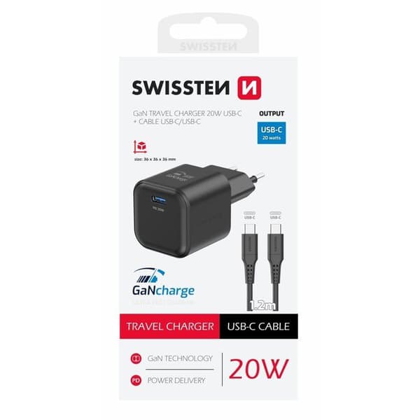 Swissten Netværksadapter GaN 1x USB-C 20W Power Delivery Data Kabel USB-C/USB-C 1,2m Sort