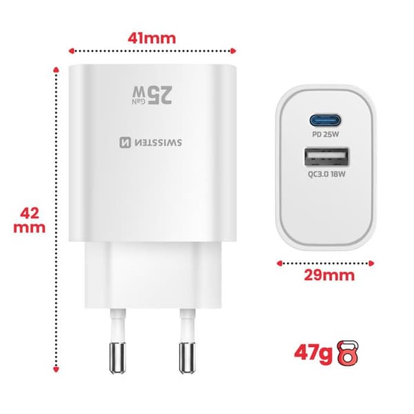 USB-C-laddare 25W Power Delivery och USB-A Quick Charge 3.0 18W Swissten Vit Vit