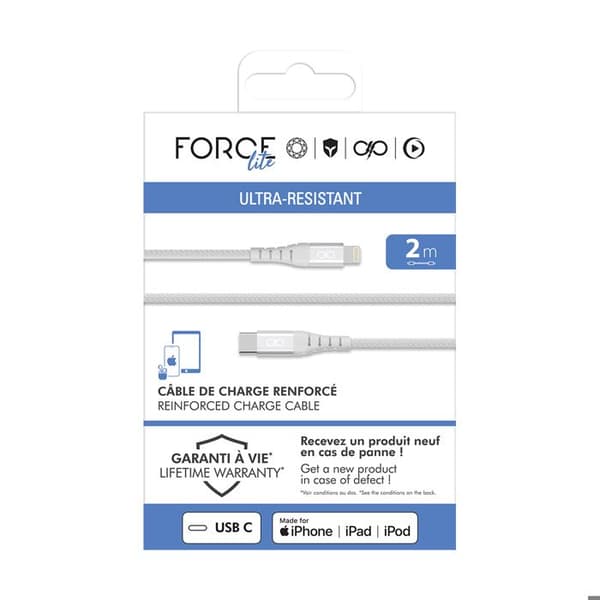 USB-C til Lightning-kabel - FORCE POWER - MFi - 60W PD (3A) - 2 m - Forstærket flettet
