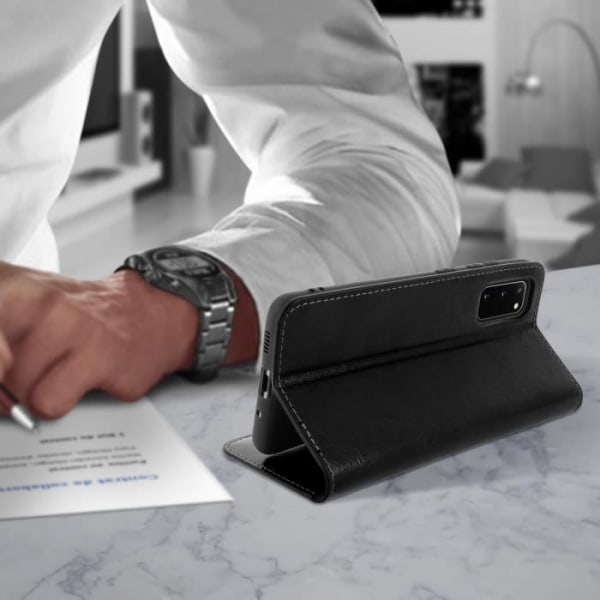 Étui Folio - AVIZAR - Galaxy S20 - Äkta läder - Videostöd - Kortfack Svart