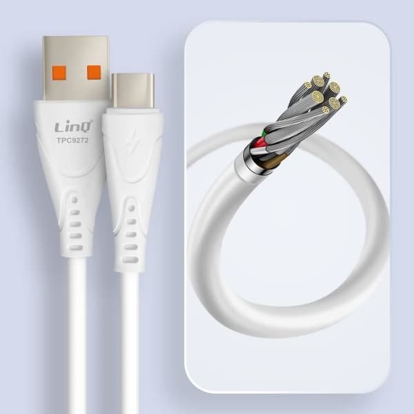 USB-kabel till USB-C - LinQ - 1m - Snabbladdning 3A - Synkronisering - Vit silikon