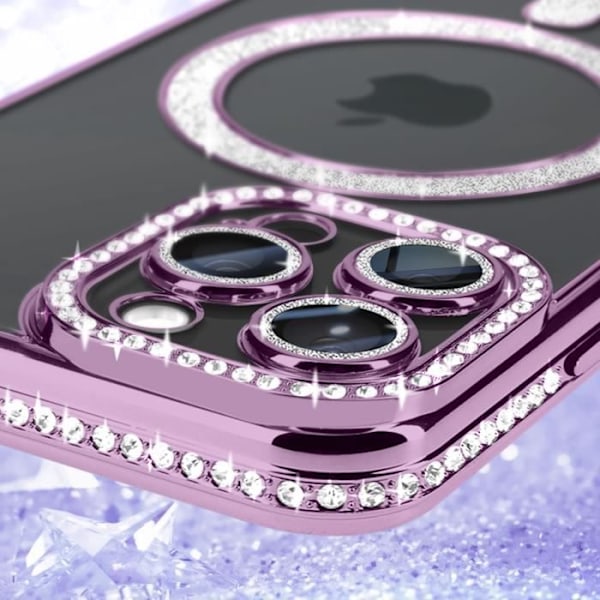 Diamantfodral till iPhone 15 Pro - AVIZAR - Lila Rhinestone Outline - MagSafe Protection Lila