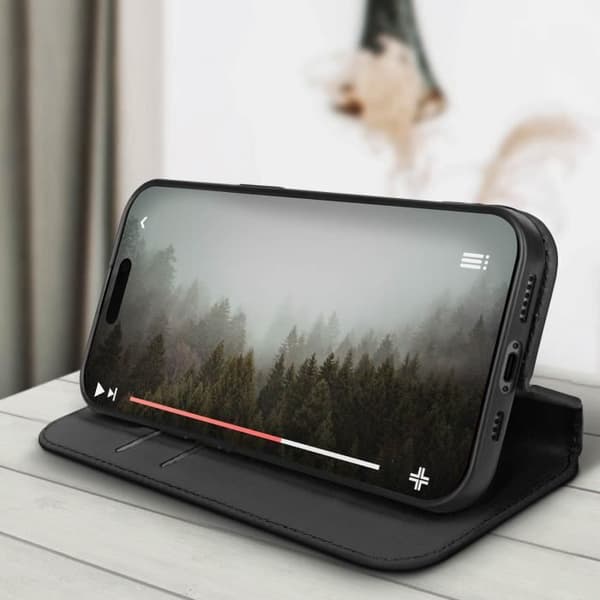 Etui til iPhone 15 - AVIZAR - Kortholder, Video Support, Magnetic Flip - Sort Svart