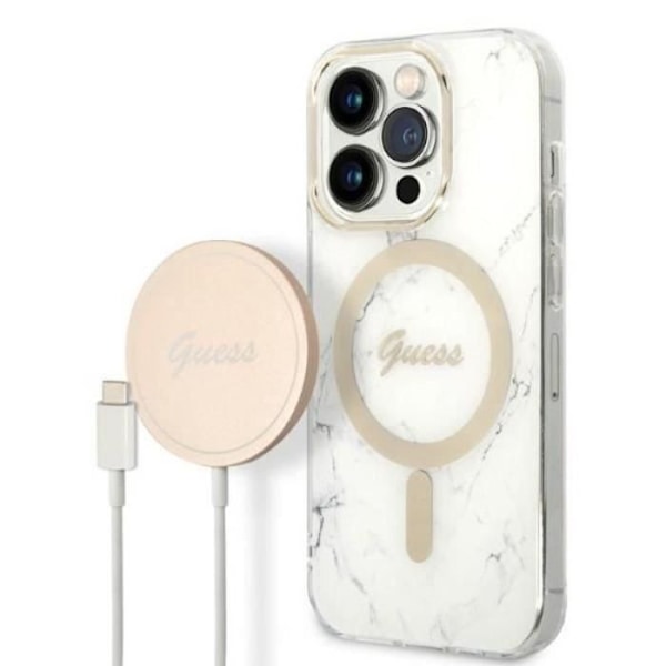 Guess Bundle Pack MagSafe IML Marble - Settikotelo iPhone 14 Pro Maxille + MagSafe-laturi (valkoinen/kulta) - 3666339103217