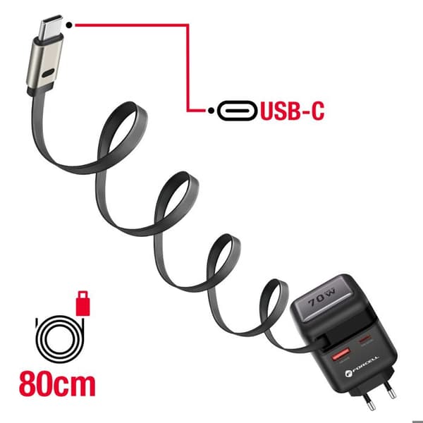 Lader - FORCELL - 70W GaN III - USB-C og USB-A - Sammenfoldeligt Kabel - Sort Svart