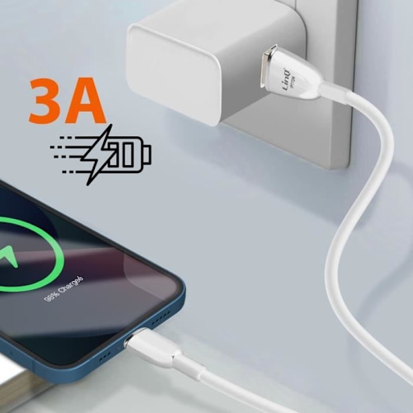 USB-C kabel til Lightning - LinQ - 1,2m - Hurtig Opladning 3A - Synchronisering - Hvid Vit
