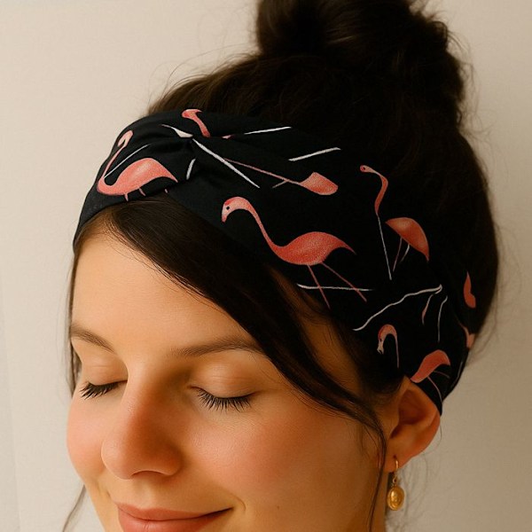 Satiini Painettu Musta Trooppinen Flamingo Hiuspanta Svart