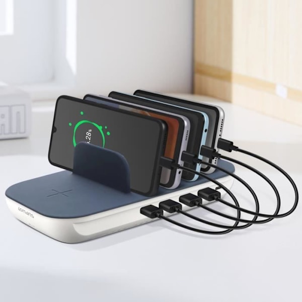 63W 4 USB QI Oplader, USB C, 4smarts Ladestation Grå - Blå