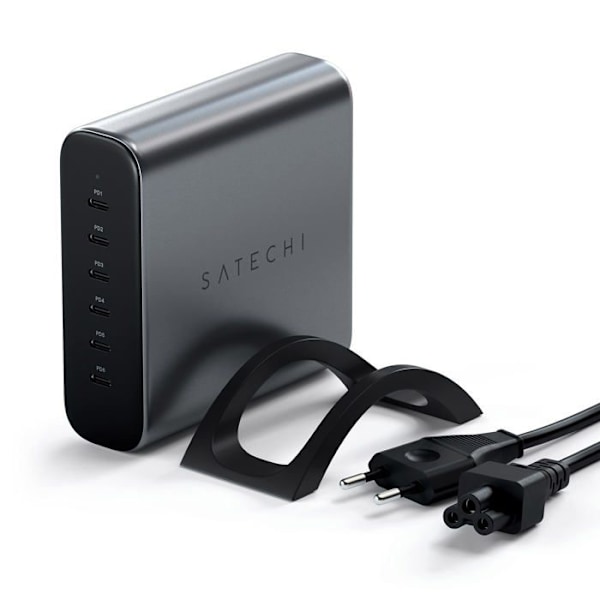 USB-C-laddare - Satechi - 200W - 6 port - GaN-teknik - Snabbladdning Grå