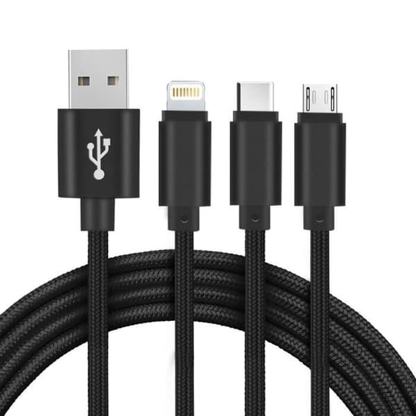 USB 3 i 1-kabel - Setty - Svart - 1m - 2A - Kompatibel med USB-C/Micro-USB/Lightning Svart