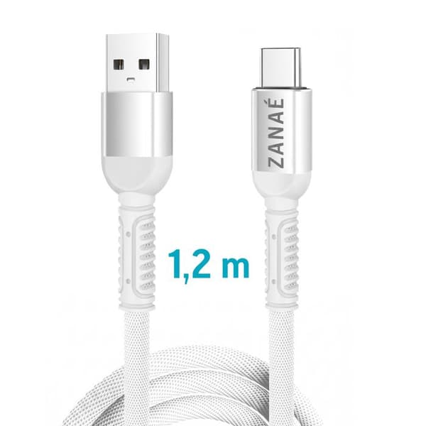 USB-A till USB-C 10W i Flexibelt Förstärkt Nylonflätat Antiknutet 1.2m Zanaé Vit Vit