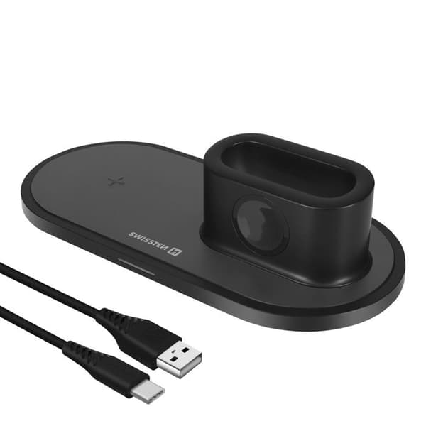 3-i-1 Induktionsoplader til iPhone / Apple Watch / AirPods Swissten Sort Svart