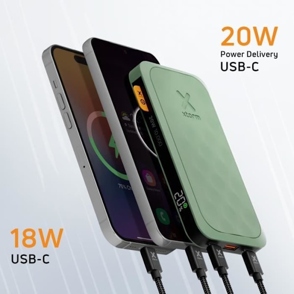 Ulkoinen akku 10000mAh 20W 2x USB-C + USB LED-näyttö Kompakti muotoilu Xtorm Matcha Green Grön