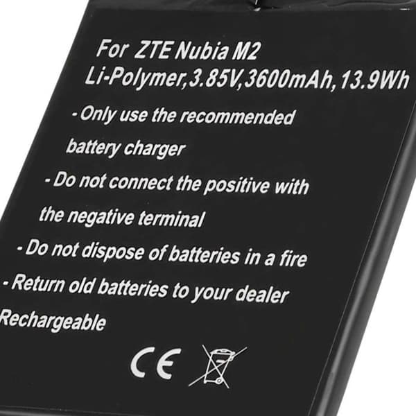 Erstatningsbatteri - AVIZAR - ZTE Nubia M2 - Li-Polymer 3600mAh - 3,85V - Sort Svart
