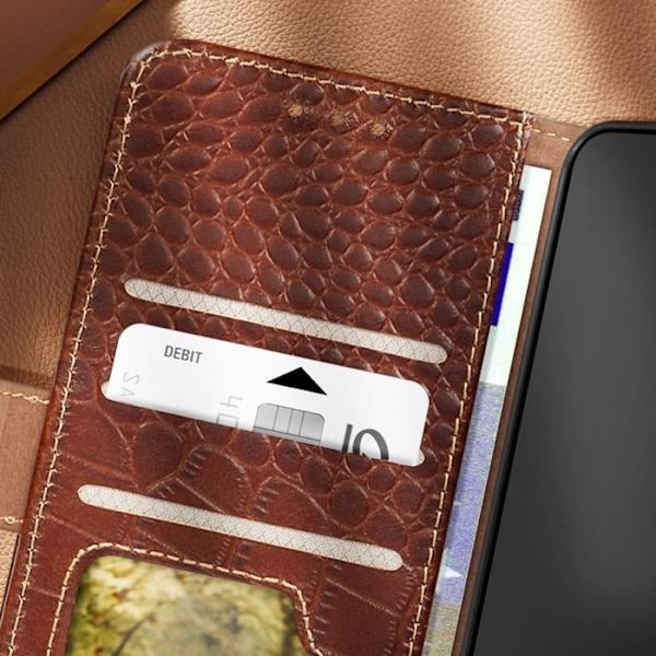 Nahkakotelo Samsung Galaxy S24 RFID-lompakolle krokotiilikuvioinen ruskea kastanj