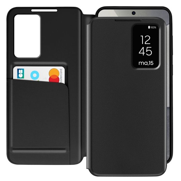 Nahkakotelo Galaxy S25 ja S24 näyttöikkunalla ja korttipaikalla, musta Svart