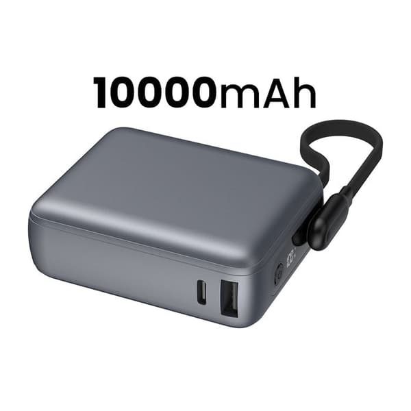 Power Bank - FORCE POWER - 10000mAh - 30W PD/QC - USB-A & USB-C - Integroitu kaapeli Grå