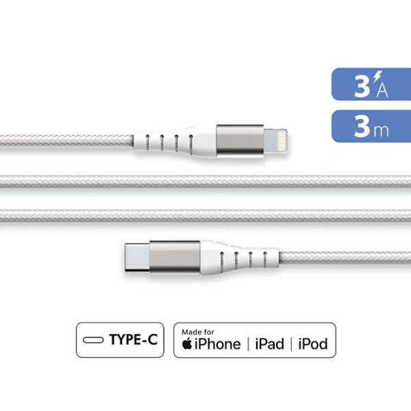 Laddnings- och synkroniseringskabel - Force Power - USB C/Lightning - 3m - 3A - Vit Vit