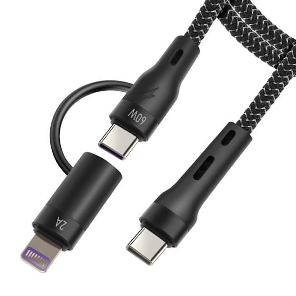 USB-C-kaapeli - FOREVER - 60 W - Punottua nailonia - 1 m - USB-C- ja Lightning-yhteensopiva Svart