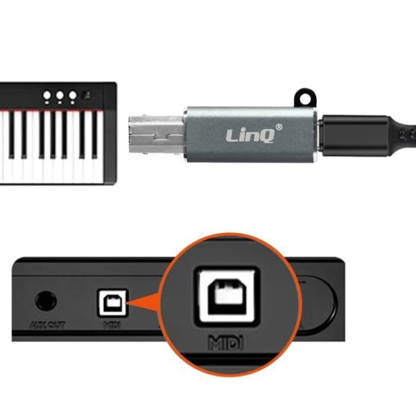 USB-C til USB-B adapter - LinQ - Hvid - Plug and Play - MIDI-support - Indbygget teknologi