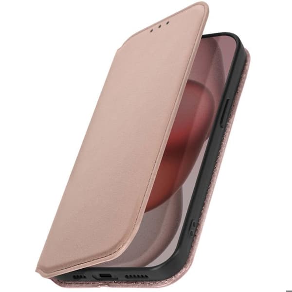 Pungetui til iPhone 15 med magnetisk klap og støtte i rosa Ros