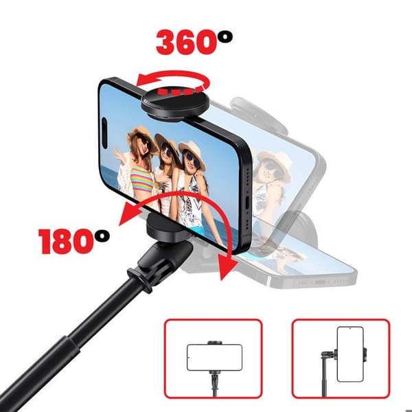 Perche Selfie uden Tråd 1.70m til Smartphone 60 til 95 mm med Automatisk Stativ Forcell Sort