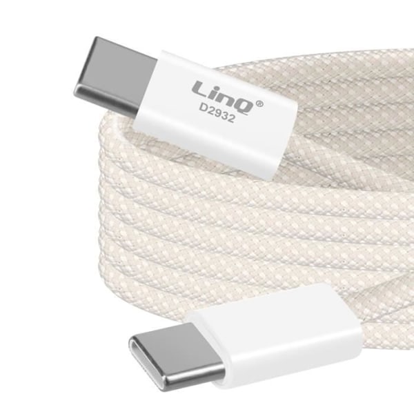 USB-C till USB-C-kabel - LinQ - 60W - 3 meter - Laddning och synkronisering - Flätad nylon Vit