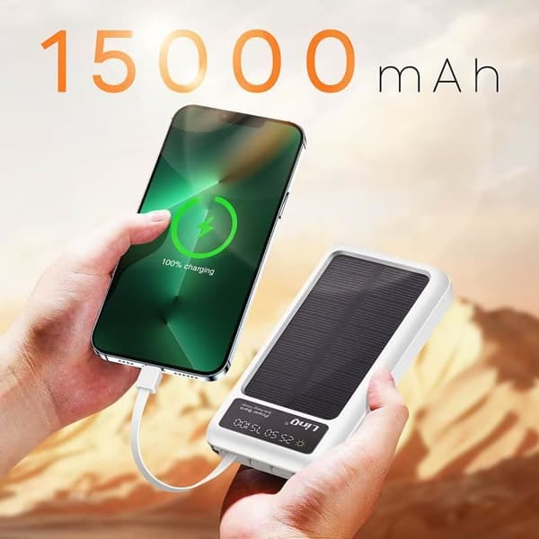 Solbatteri - LINQ - 15000mAh - Mikrousb-, Lightning-, USB C-kablar - Kompakt - Praktisk Vit