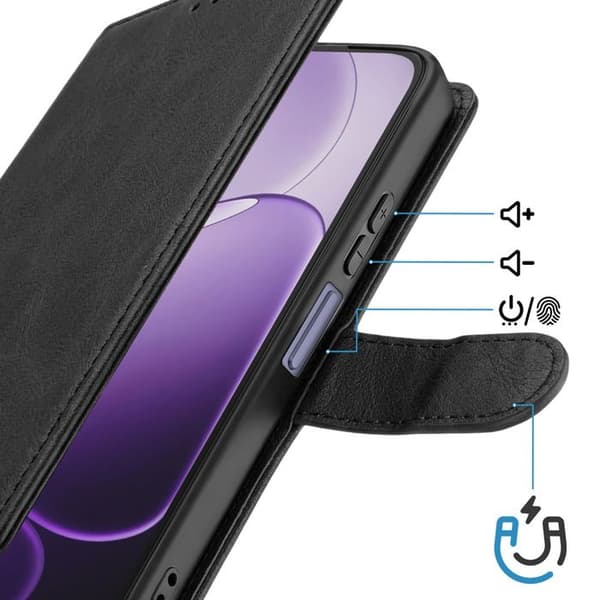 Pungetui til Oppo A6x med håndledsrem og videostøtte i sort Svart