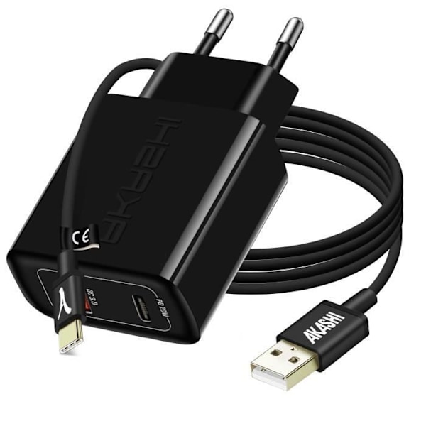 USB / USB-C Strømadapter 20W PD QC 3.0 med USB-C Kabel Akashi Sort