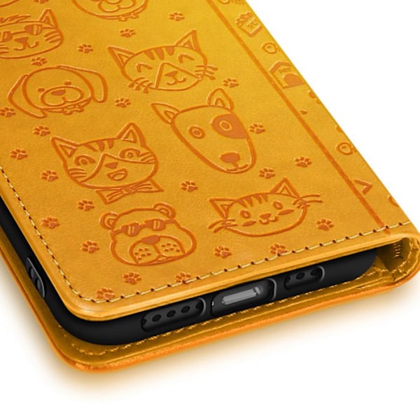 Hus för iPhone 16e Design Katt och Hund Flip Plånbok Gul Gul