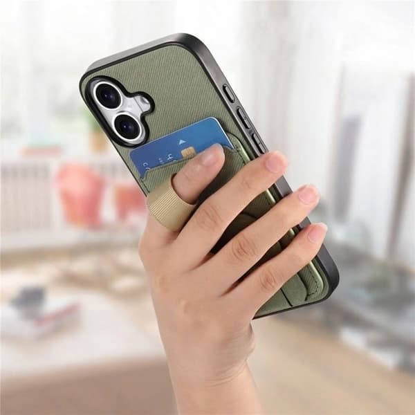 iPhone 17 Fodral med Tyg Effekt och Stöd samt Kortfack Grön Grön